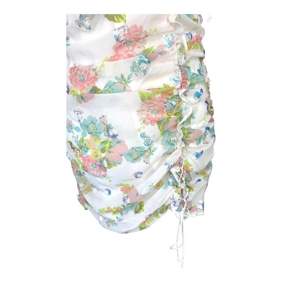 For Love and Lemons Serafine Floral Lace Up Sequin Ruched Ruffle Mini Dress - Picture 6 of 9